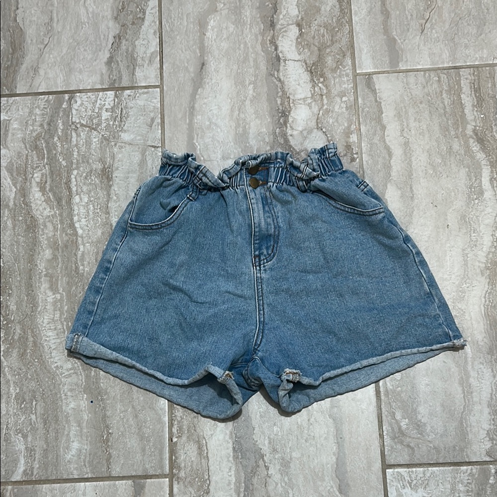 Blue Jean Shorts with Cuffed Hem and Distressed Details